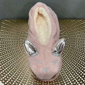 Bunny slippers cozy Sherpa lined pink with silver bunny ears. Size 8-10